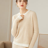 Women's 100% Cashmere Colorblock Knitted Jacquard Crewneck Sweater Beige XS