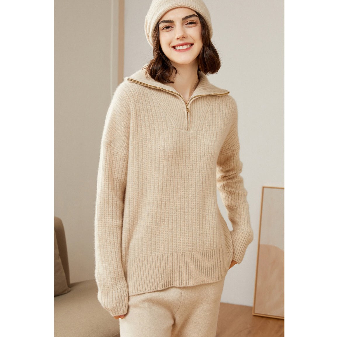 Womens Cashmere Half - Zip Sweater Waffle Knit Polo Cashmere Sweater