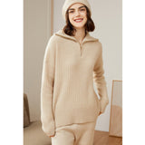 Womens Cashmere Half - Zip Sweater Waffle Knit Polo Cashmere Sweater