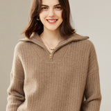 Womens Cashmere Half - Zip Sweater Waffle Knit Polo Cashmere Sweater
