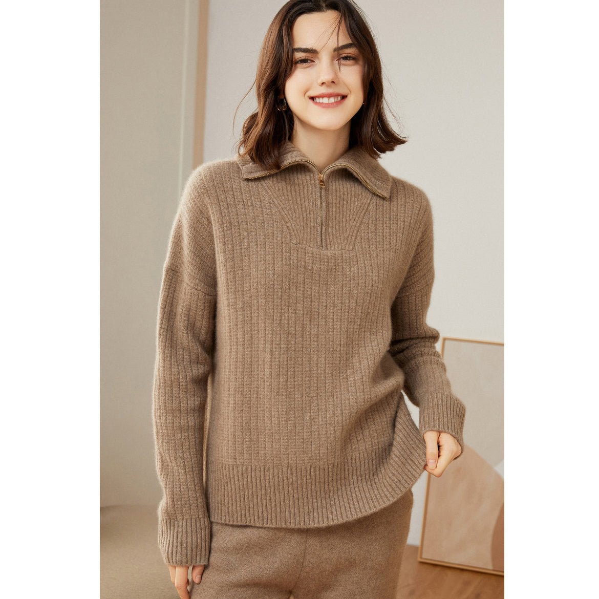 Womens Cashmere Half - Zip Sweater Waffle Knit Polo Cashmere Sweater