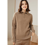Womens Cashmere Half - Zip Sweater Waffle Knit Polo Cashmere Sweater