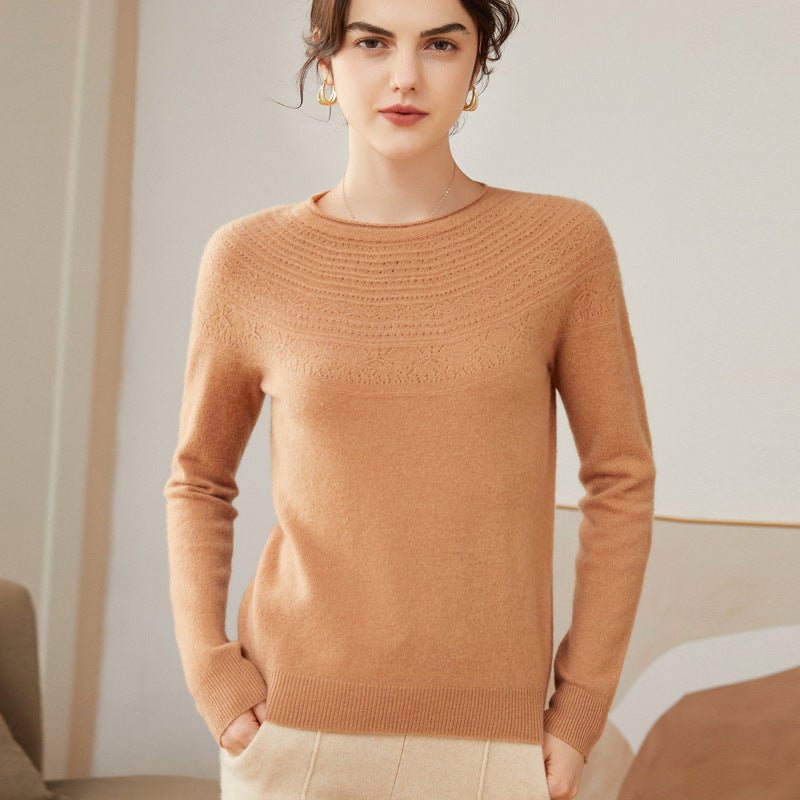 Womens Cashmere Pointelle Yoke Sweater Hollow - out Crewneck Sweater