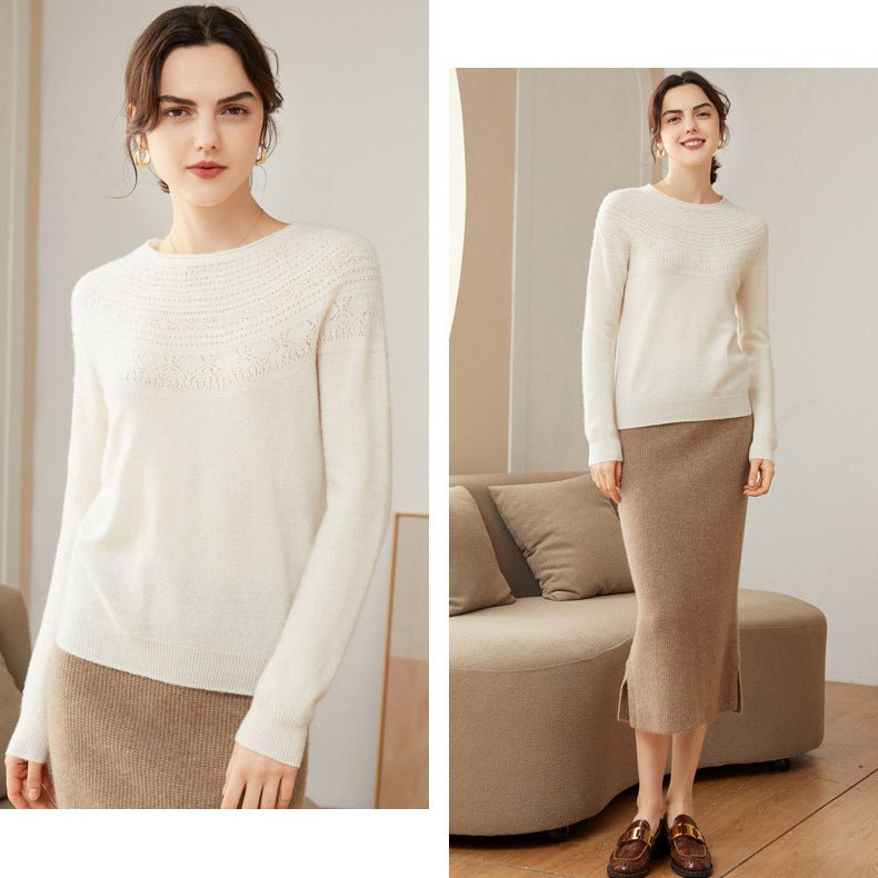 Womens Cashmere Pointelle Yoke Sweater Hollow - out Crewneck Sweater