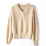 Womens V - Neck Cashmere Sweater Ribbed Knit Long Sleeve Cashmere Tops