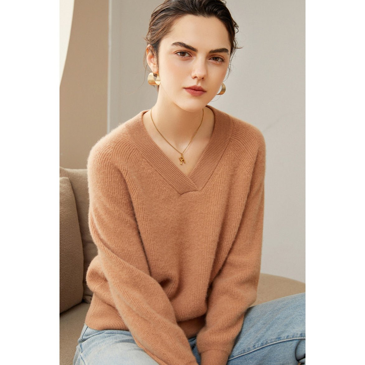 Womens V - Neck Cashmere Sweater Ribbed Knit Long Sleeve Cashmere Tops