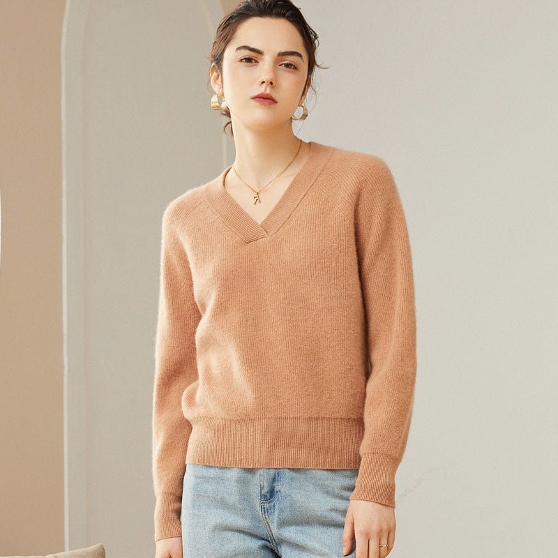 Womens V - Neck Cashmere Sweater Ribbed Knit Long Sleeve Cashmere Tops