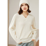 Womens V - Neck Cashmere Sweater Ribbed Knit Long Sleeve Cashmere Tops