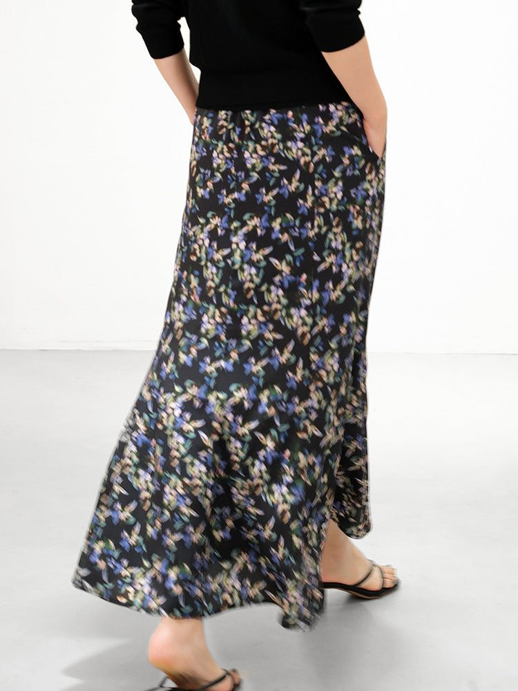Womens Black Silk Maxi Skirt Floral Print Long Silk Dress