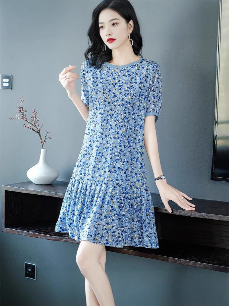 Womens Blue Floral Print Silk Mini Dress Ruffle Hem Short Silk Dress