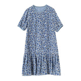 Womens Blue Floral Print Silk Mini Dress Ruffle Hem Short Silk Dress