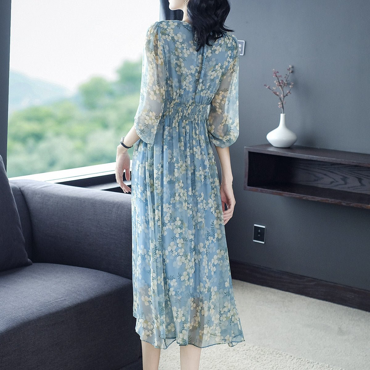 Womens Blue Floral Silk Midi Dress Button Front Long Silk Dress