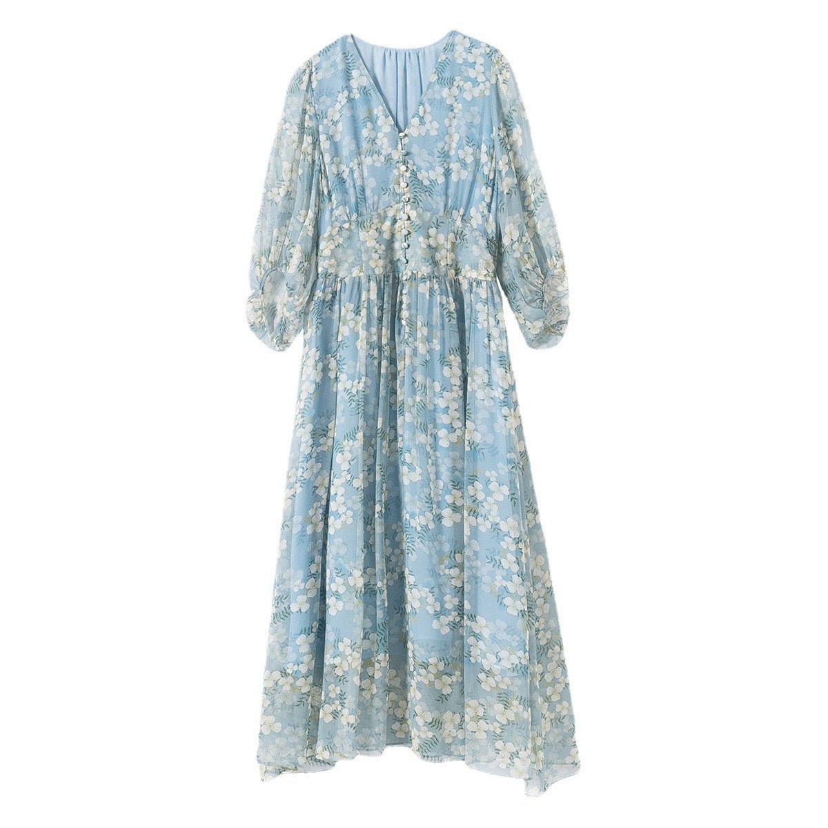 Womens Blue Floral Silk Midi Dress Button Front Long Silk Dress