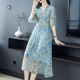 Womens Blue Floral Silk Midi Dress Button Front Long Silk Dress
