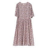 Womens Blush Pink Silk Midi Dress Petite Floral Print Long Silk Dreess