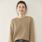 Womens Cable Knit Cashmere Sweater Crew Neck Cashmere Pullover Multi Colors Taupe XS