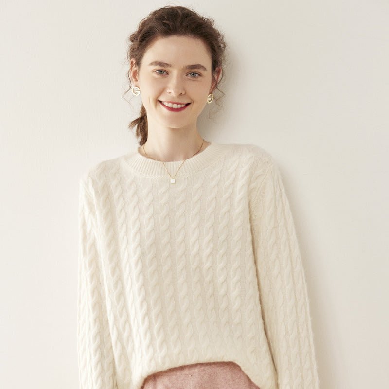 Womens Cable Knit Cashmere Sweater Crew Neck Cashmere Pullover Multi Colors Ivory XS