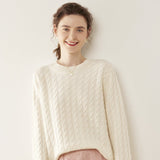Womens Cable Knit Cashmere Sweater Crew Neck Cashmere Pullover Multi Colors Ivory XS