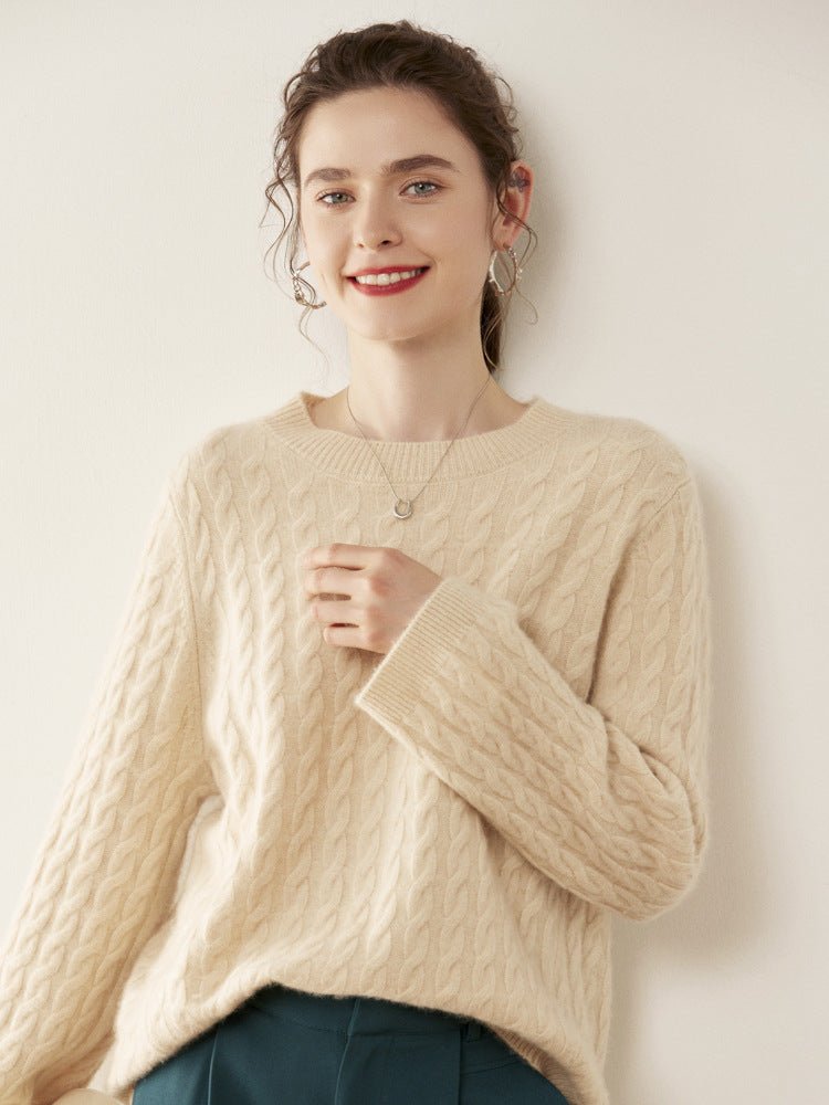 Womens Cable Knit Cashmere Sweater Crew Neck Cashmere Pullover Multi Colors Beige XS