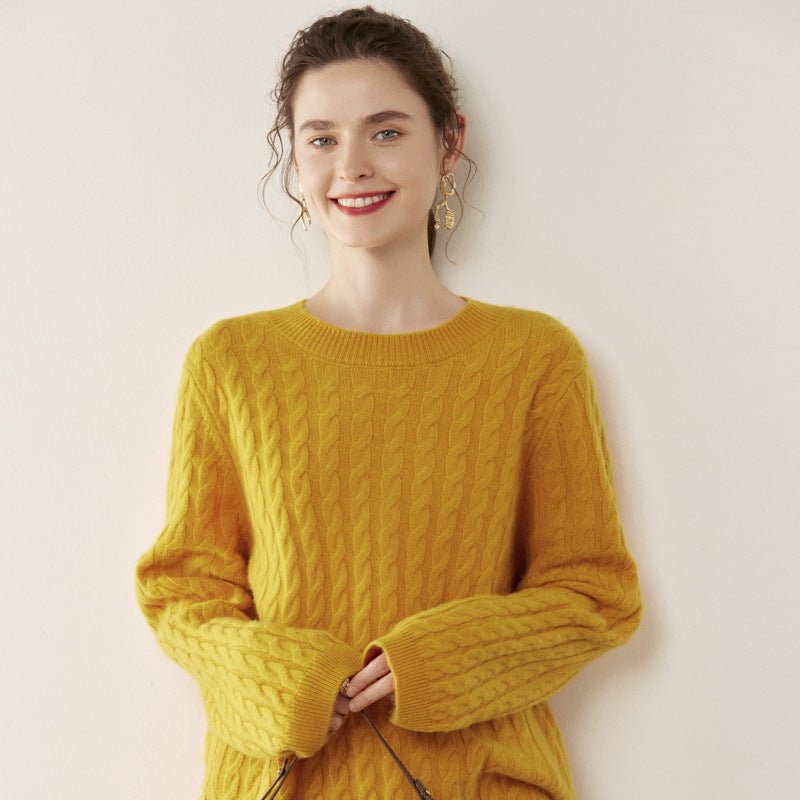 Womens Cable Knit Cashmere Sweater Crew Neck Cashmere Pullover Multi Colors Yellow XS