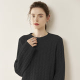 Womens Cable Knit Cashmere Sweater Crew Neck Cashmere Pullover Multi Colors Black XS