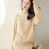 Womens Cable - Knit Cashmere Sweater Half Turtleneck Sweaters Jumpers Beige XS