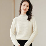Womens Cable - Knit Cashmere Sweater Half Turtleneck Sweaters Jumpers Ivory XS