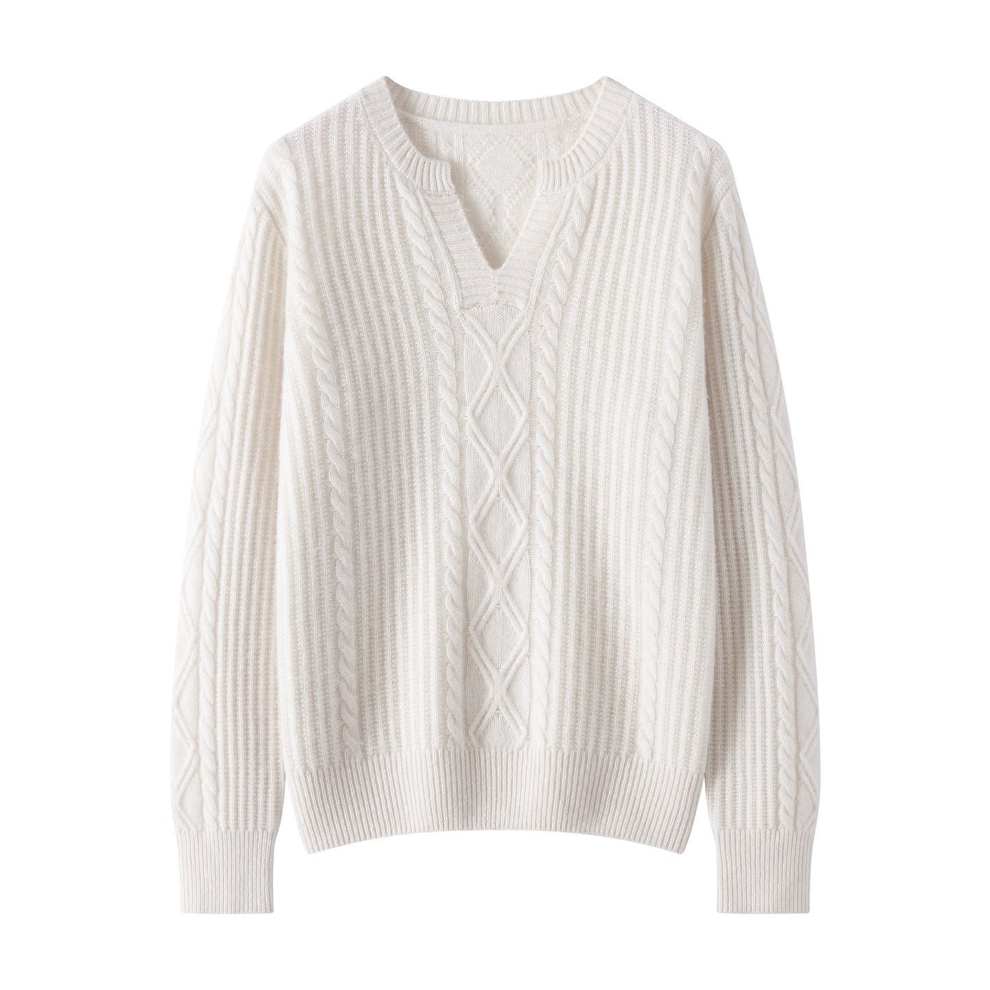 Womens Cable Knit Cashmere Sweater V Neck Ribbed Cashmere Pullover Jumper Ivory XS