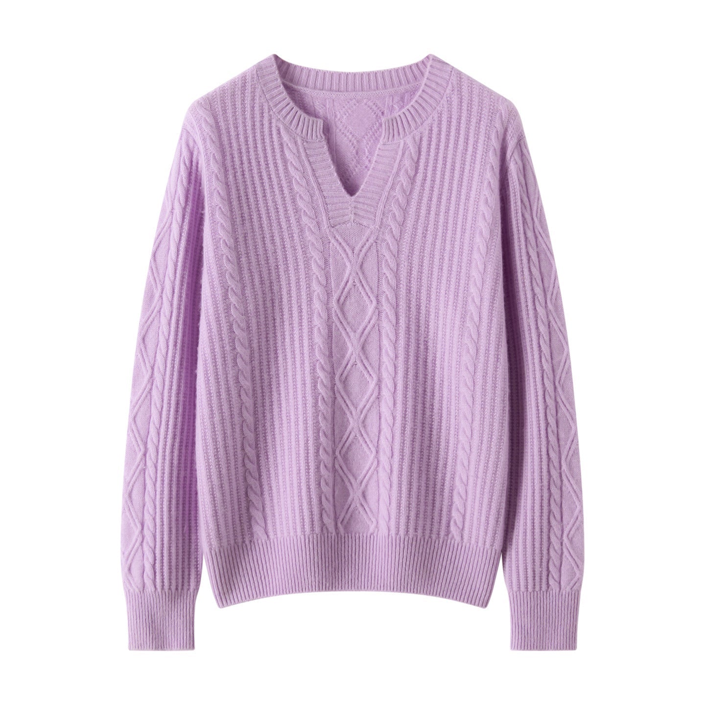 Womens Cable Knit Cashmere Sweater V Neck Ribbed Cashmere Pullover Jumper Purple XS