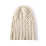 Womens Cable Knit Pure Cashmere Beanie Hat with Ribbed Trim