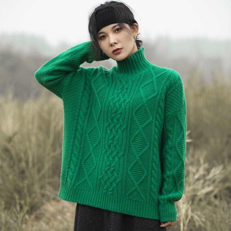 Womens Cable Knit Turtleneck Cashmere Sweater Chunky Cashmere Pullover Green XS