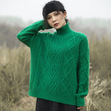 Womens Cable Knit Turtleneck Cashmere Sweater Chunky Cashmere Pullover Green XS