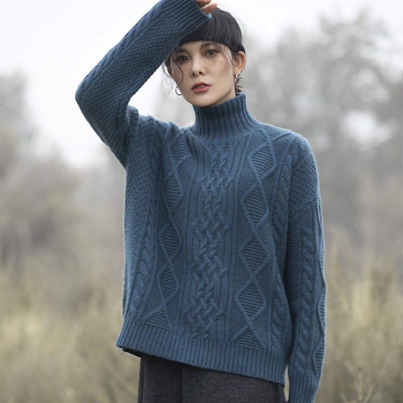 Womens Cable Knit Turtleneck Cashmere Sweater Chunky Cashmere Pullover Blue XS