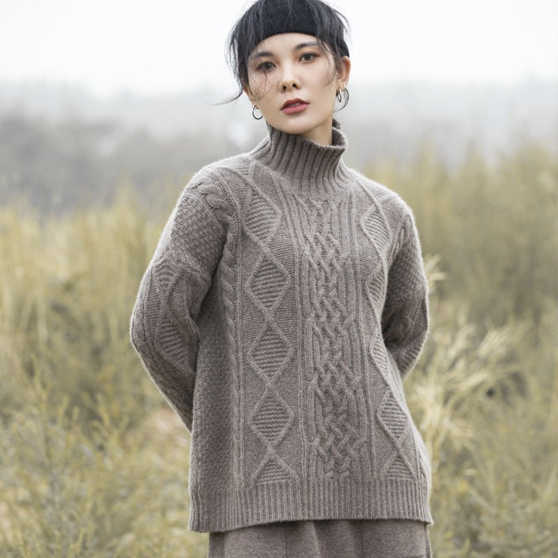 Womens Cable Knit Turtleneck Cashmere Sweater Chunky Cashmere Pullover Brown XS