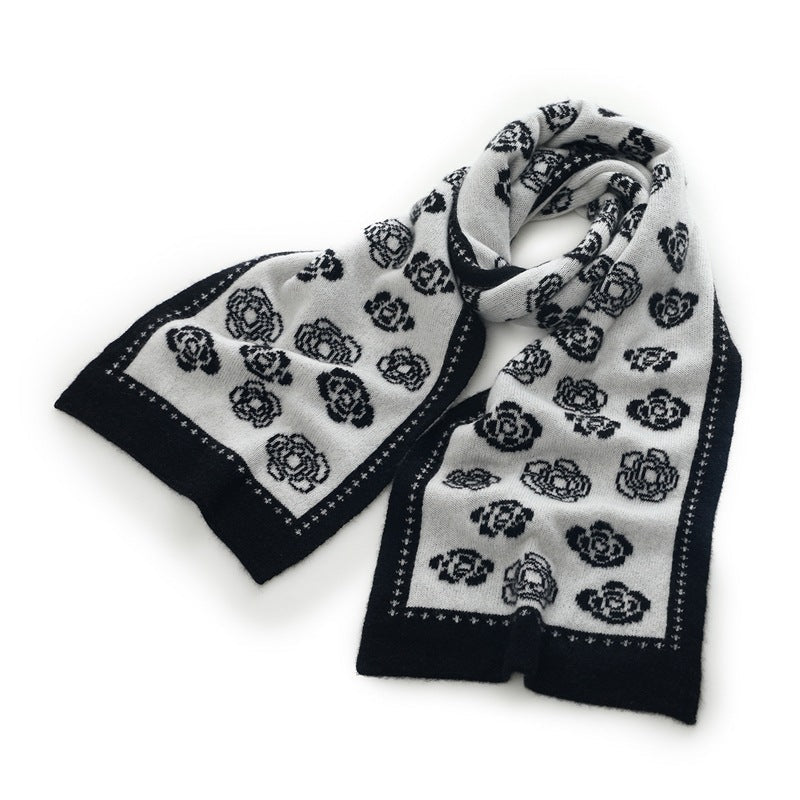 Womens Camellia Pattern Long Cashmere Scarf Cashmere Knit Wrap Black M