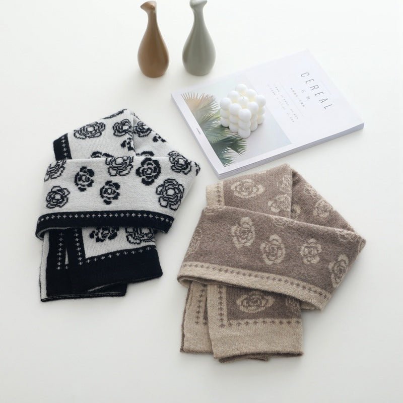 Womens Camellia Pattern Long Cashmere Scarf Cashmere Knit Wrap Black M