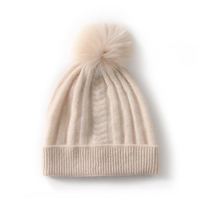 Womens Cashmere Beanie with Real Fur Pom Cashmere Hat Removable Pom