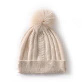 Womens Cashmere Beanie with Real Fur Pom Cashmere Hat Removable Pom