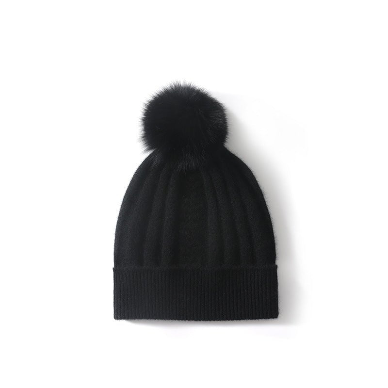 Womens Cashmere Beanie with Real Fur Pom Cashmere Hat Removable Pom