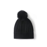 Womens Cashmere Beanie with Real Fur Pom Cashmere Hat Removable Pom