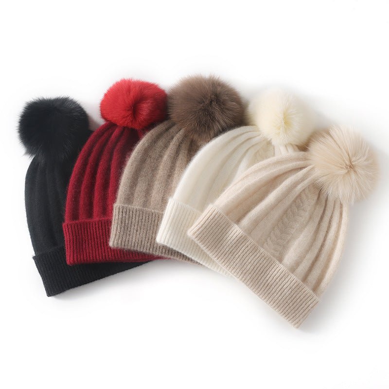 Womens Cashmere Beanie with Real Fur Pom Cashmere Hat Removable Pom