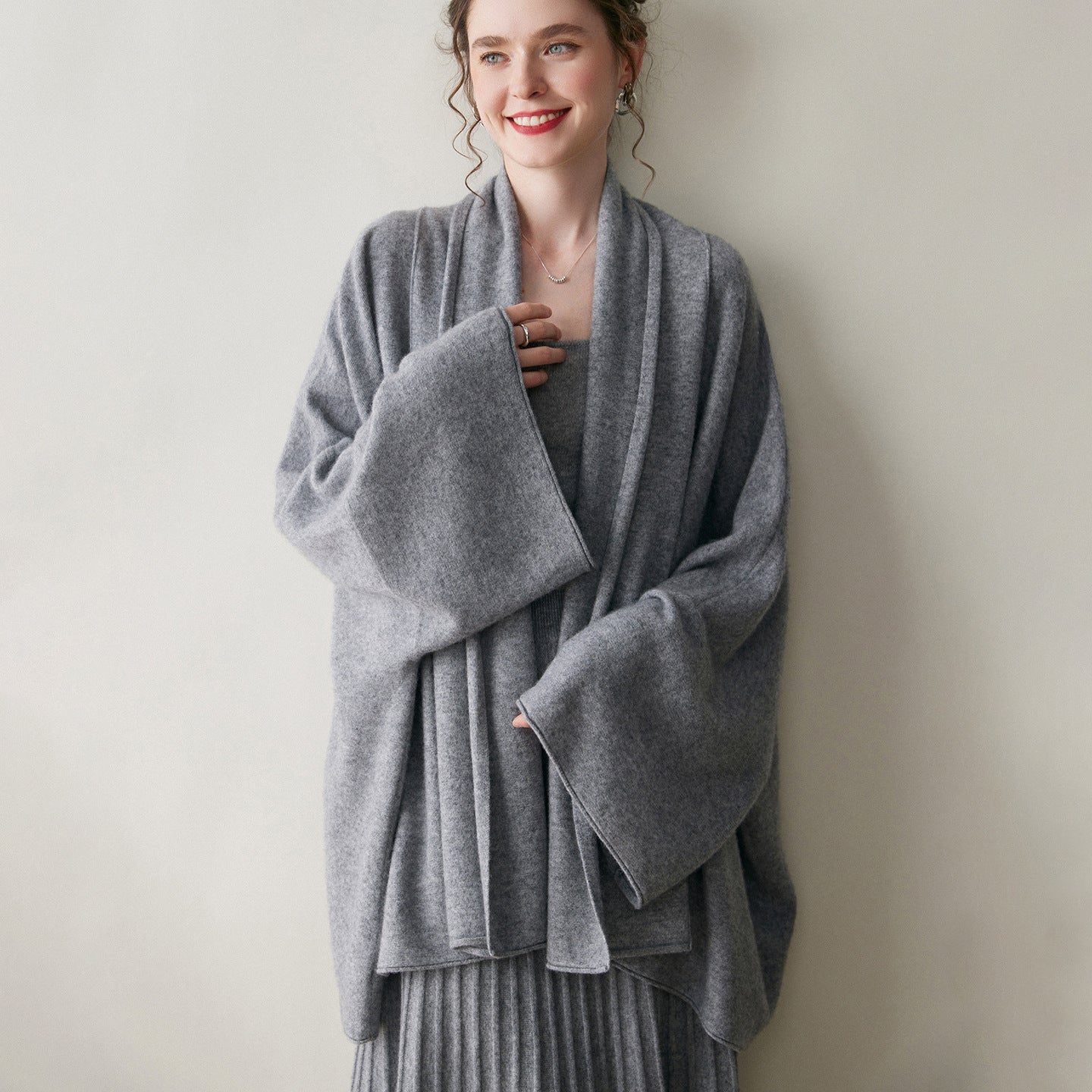 Womens Cashmere Cardigan Open Front Draped Long Sleeve Cashmere Knit Sweater Gray One size fits most