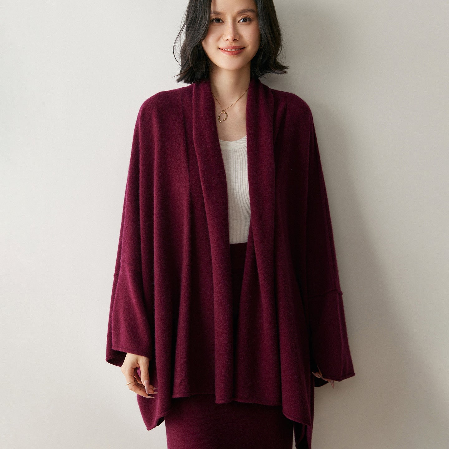 Womens Cashmere Cardigan Open Front Draped Long Sleeve Cashmere Knit Sweater Claret One size fits most