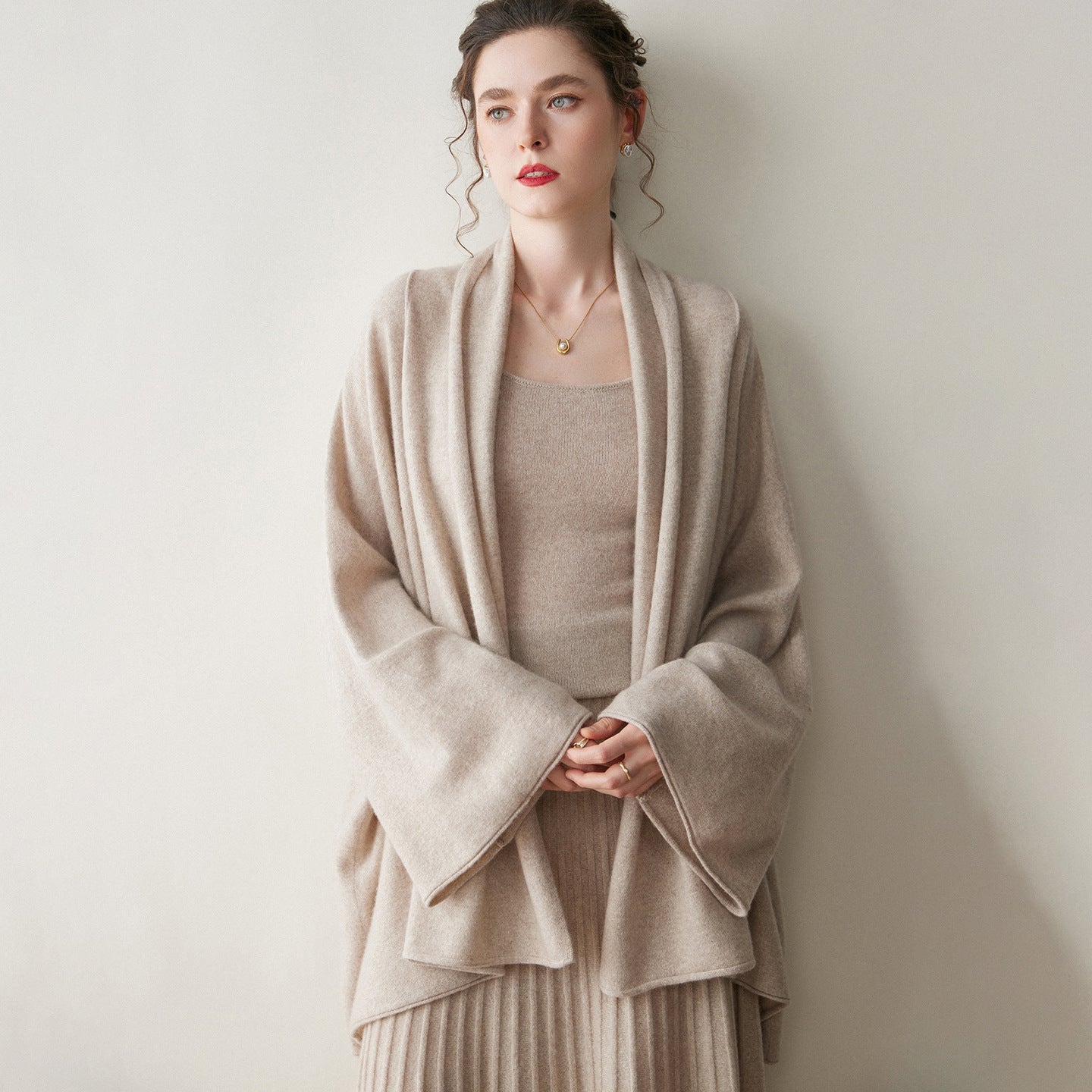 Womens Cashmere Cardigan Open Front Draped Long Sleeve Cashmere Knit Sweater Warm Beige One size fits most