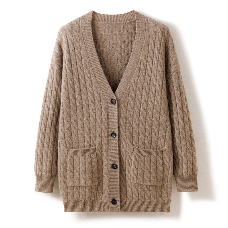 Womens Cable Knit V - Neck Cashmere Cardigan With Pockets Cashmere Coat