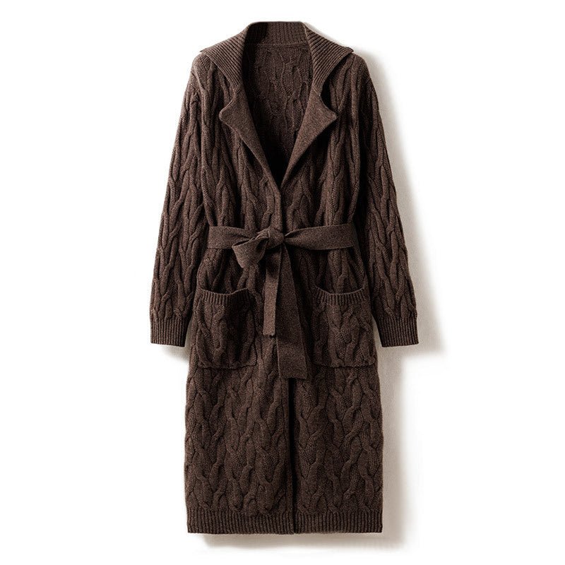 Womens Long Cable Knit Belted Pure Cashmere Cardigan Open - front Coat