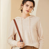 Womens Cashmere Pullover Hoodie Ribbed Trim Long Sleeve Cashmere Hoody