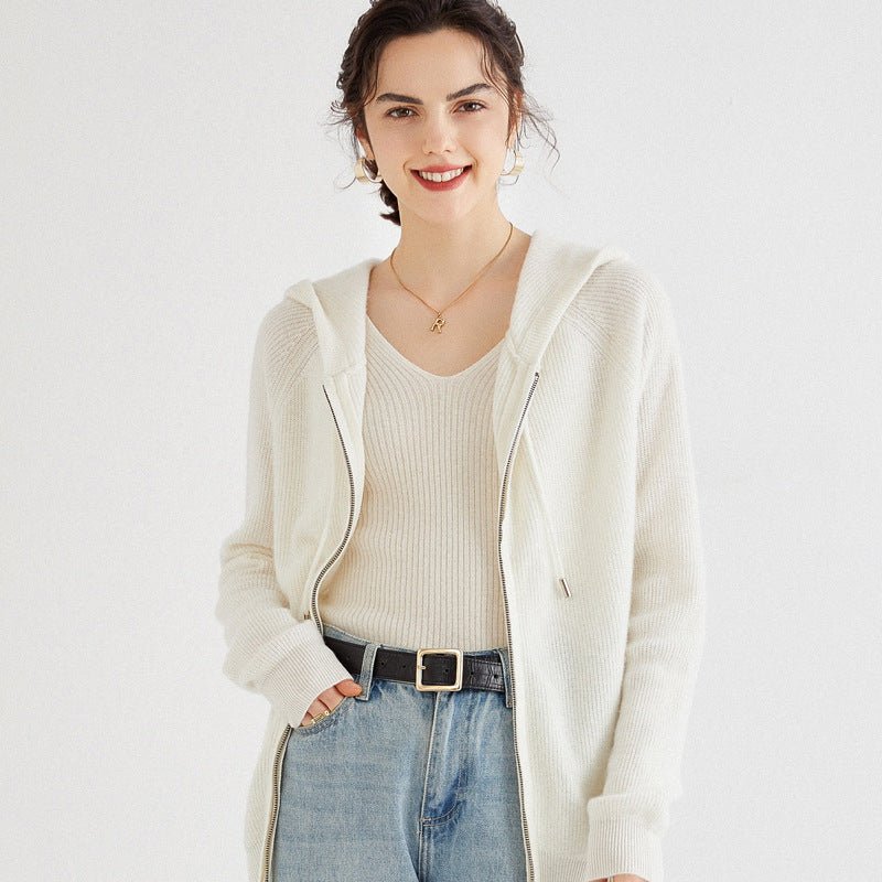 Womens Cashmere Zip - Up Hoodie Drawstring Knitted Cashmere Cardigan