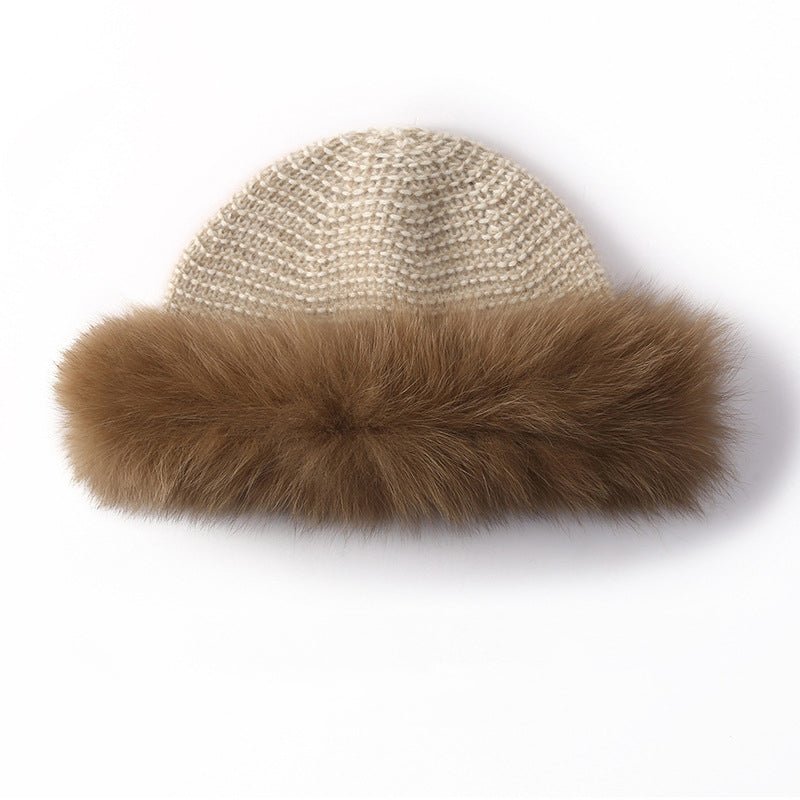 Womens Cashmere Knit Hat with Real Fur Trim Cashmere Bucket Hat