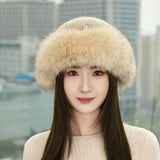 Womens Cashmere Knit Hat with Real Fur Trim Cashmere Bucket Hat